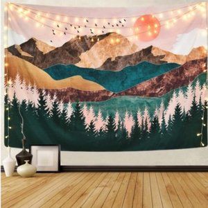 Anthropologie Mountain Landscape Tapestry with Pink and Teal